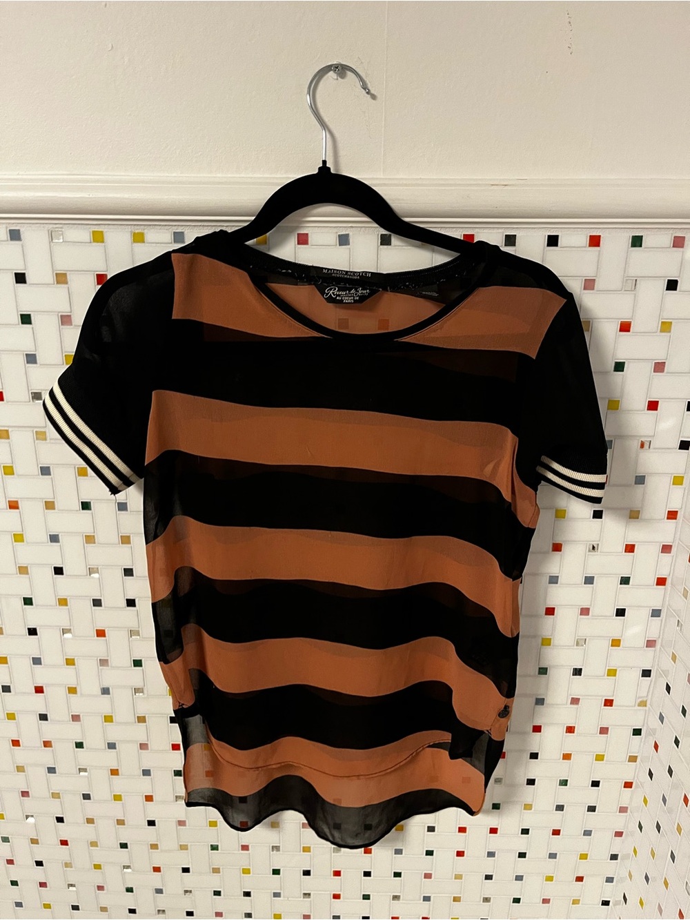 Striped Sheer Short-Sleeve Top in Black and Mauve
